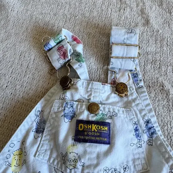 Vintage OshKosh B'Gosh Blue Thumbprint Character Vestbak Short Overalls Size 2 - Picture 4 of 10